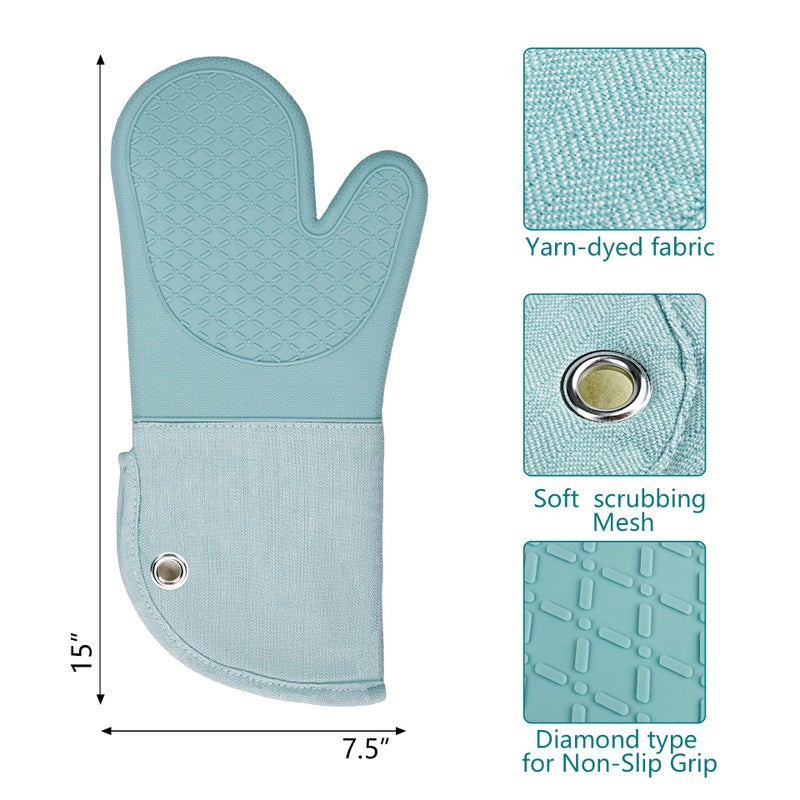 RED LMLDETA Professional Microwave Silicone Oven Mitts one Pair, Kitchen Mitten Set for Heat Resistant with 500 Degrees, Kitchen Gloves Pot Holder for BBQ Cooking Baking (Light Blue) - Image 2